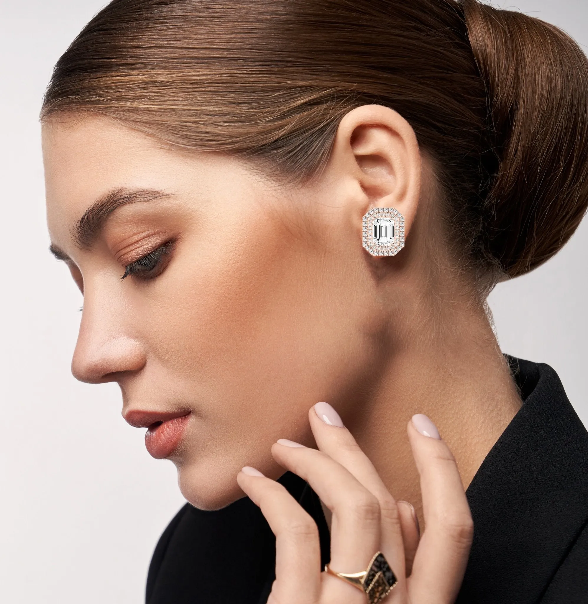 Cerise Emerald Cut Diamond Halo Stud Earrings