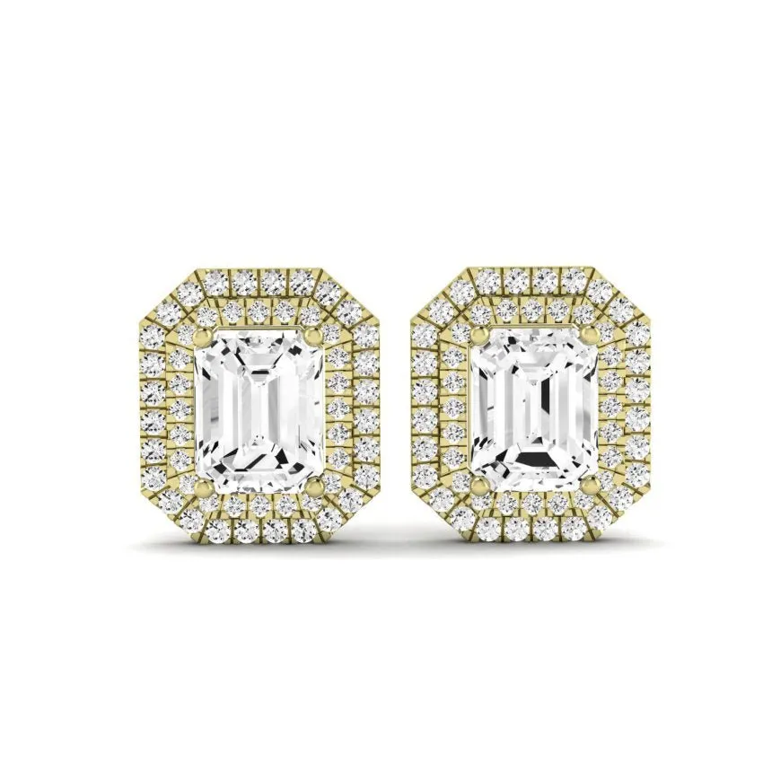 Cerise Emerald Cut Diamond Halo Stud Earrings