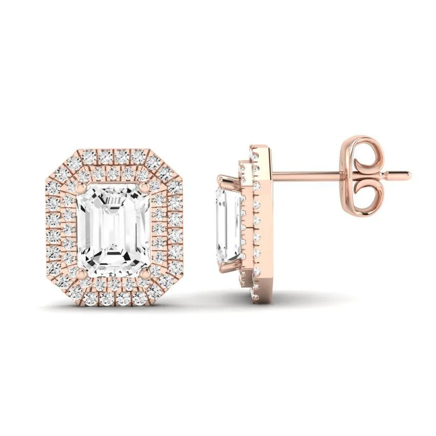 Cerise Emerald Cut Diamond Halo Stud Earrings