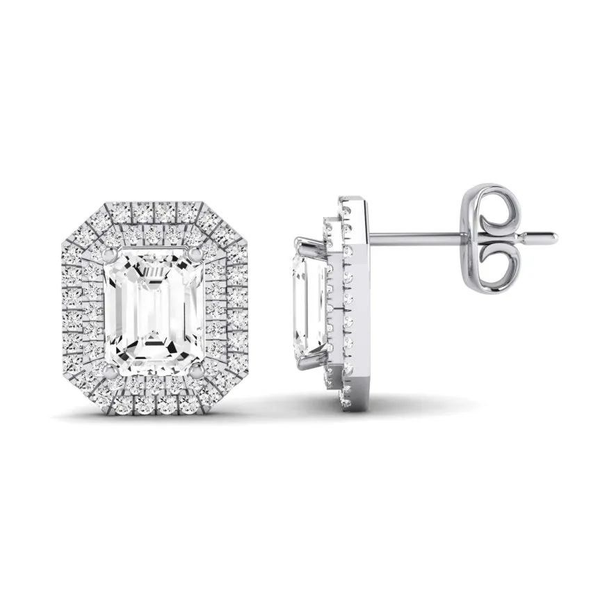 Cerise Emerald Cut Diamond Halo Stud Earrings