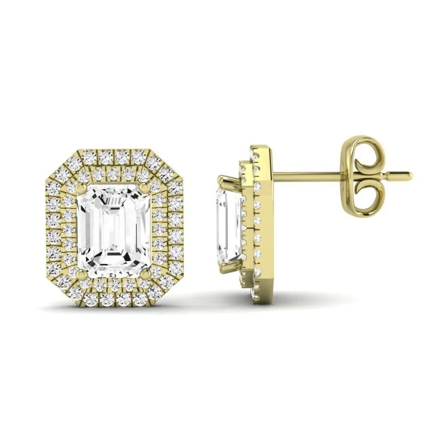 Cerise Emerald Cut Diamond Halo Stud Earrings