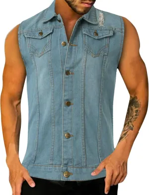 Chaqueta Denim Vest Para Hombre Slim Fit Button Down Sleeveless Shirts for Men Retro Distressed Destroyed Jeans Jacket