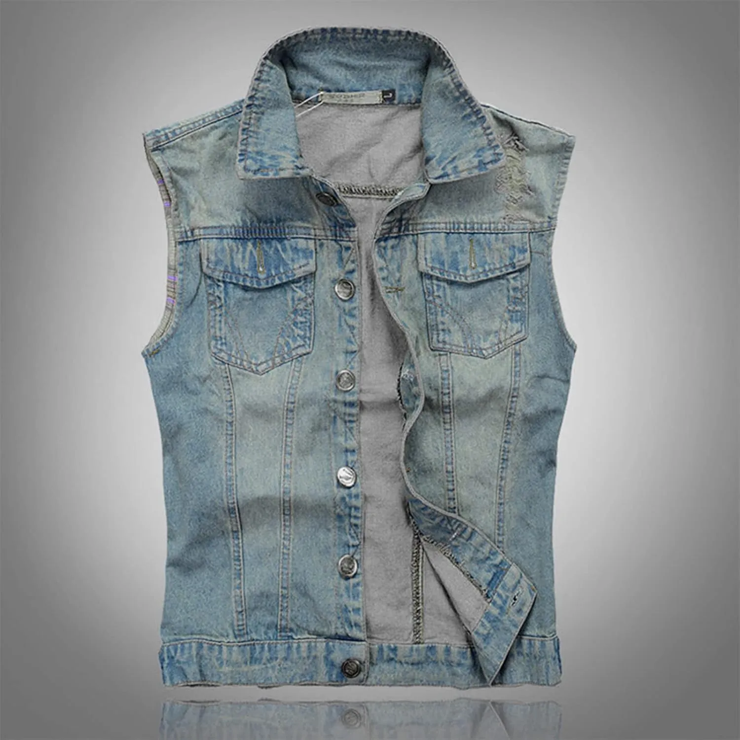 Chaqueta Denim Vest Para Hombre Slim Fit Button Down Sleeveless Shirts for Men Retro Distressed Destroyed Jeans Jacket