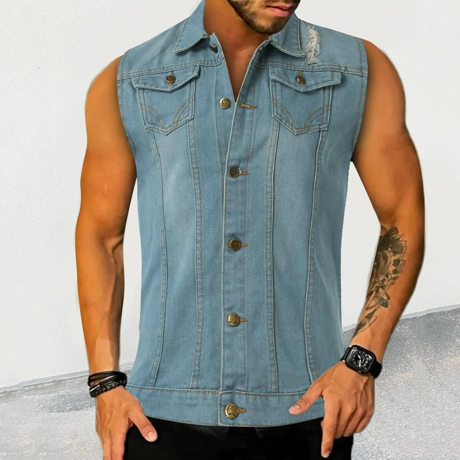 Chaqueta Denim Vest Para Hombre Slim Fit Button Down Sleeveless Shirts for Men Retro Distressed Destroyed Jeans Jacket