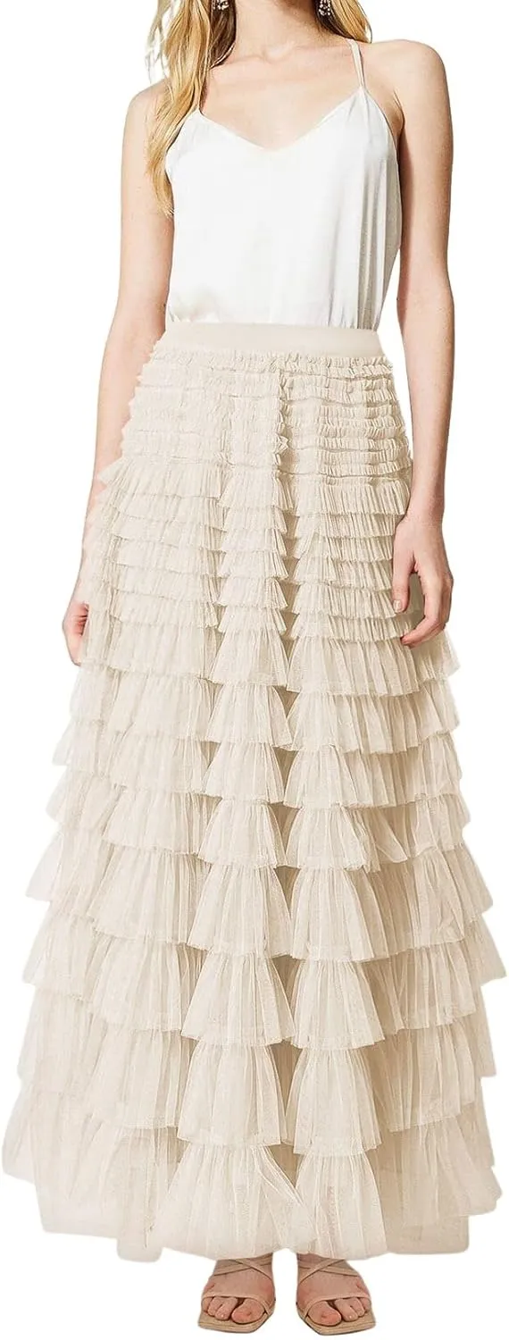 CHARTOU Women Layered Tiered Tulle Maxi Skirt Sheer Mesh A Line Skirt Flared Elastic Waist Long Cake Skirt Party