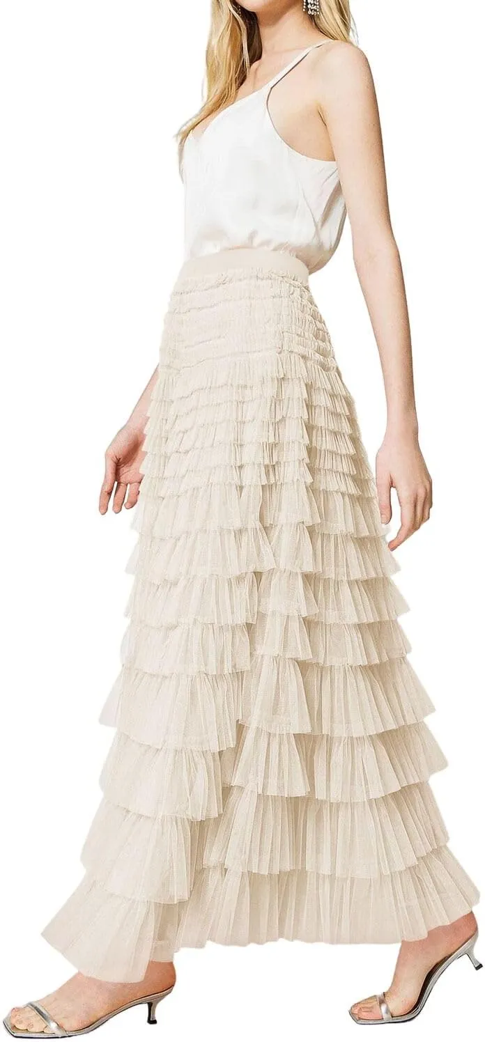 CHARTOU Women Layered Tiered Tulle Maxi Skirt Sheer Mesh A Line Skirt Flared Elastic Waist Long Cake Skirt Party
