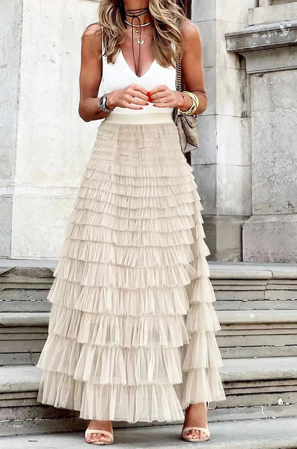 CHARTOU Women Layered Tiered Tulle Maxi Skirt Sheer Mesh A Line Skirt Flared Elastic Waist Long Cake Skirt Party