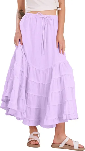 CHARTOU Women Tiered Maxi Mermaid Skirt Drawstring Waist Ruffle Flowy Boho 2024 Summer Long Skirt