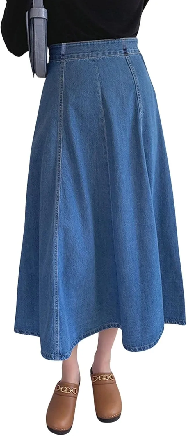 CHARTOU Women's Slim High Waist Zip Up Flare Pleated A Line Long Denim Jean Skirt