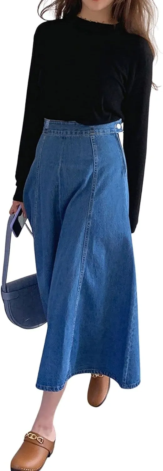 CHARTOU Women's Slim High Waist Zip Up Flare Pleated A Line Long Denim Jean Skirt