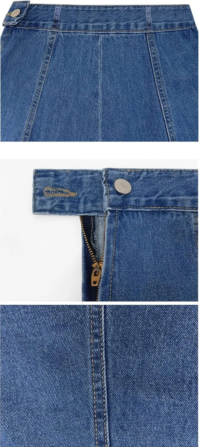 CHARTOU Women's Slim High Waist Zip Up Flare Pleated A Line Long Denim Jean Skirt