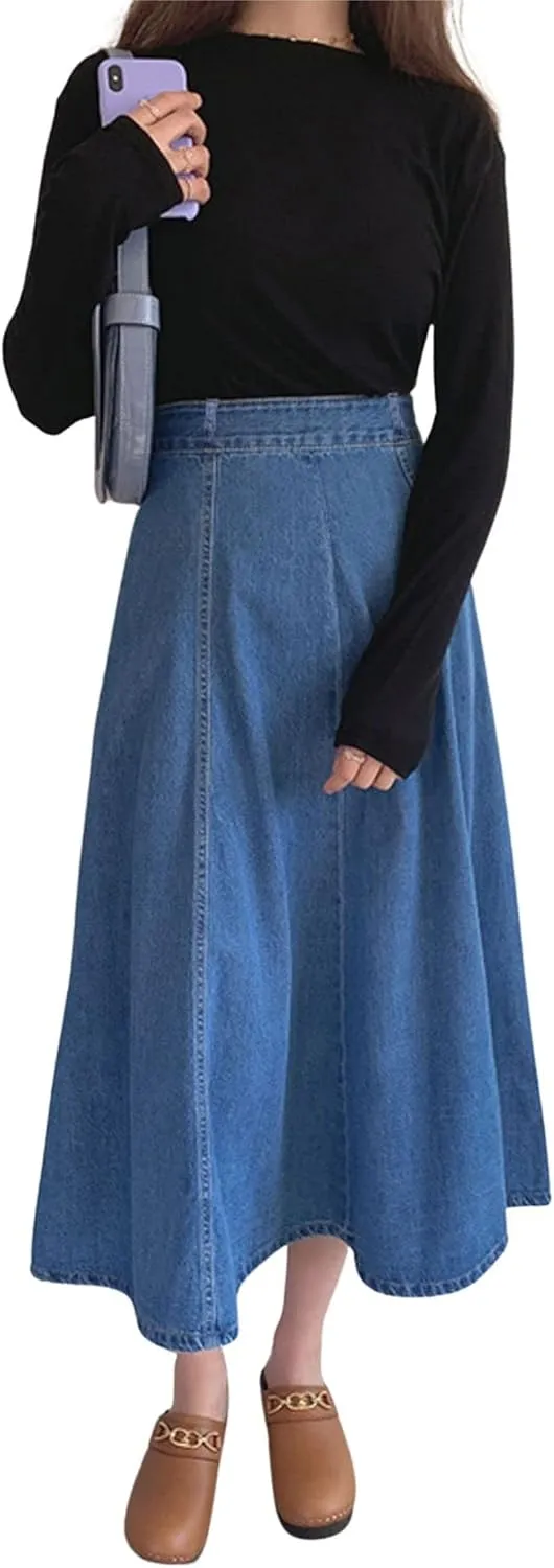 CHARTOU Women's Slim High Waist Zip Up Flare Pleated A Line Long Denim Jean Skirt