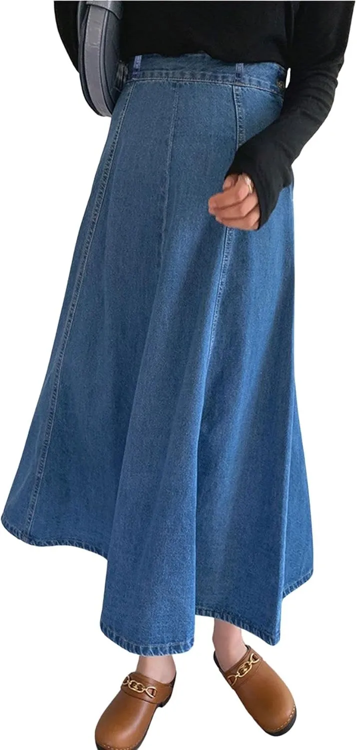 CHARTOU Women's Slim High Waist Zip Up Flare Pleated A Line Long Denim Jean Skirt