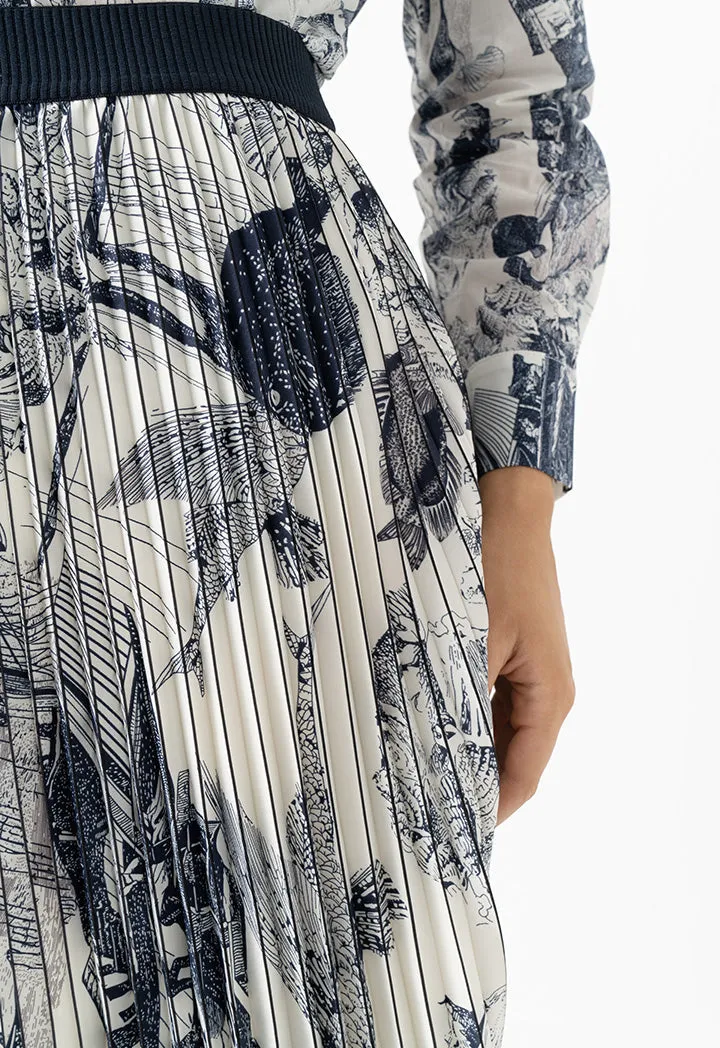 Choice Fish Printed Pleated Flared Skirt Print