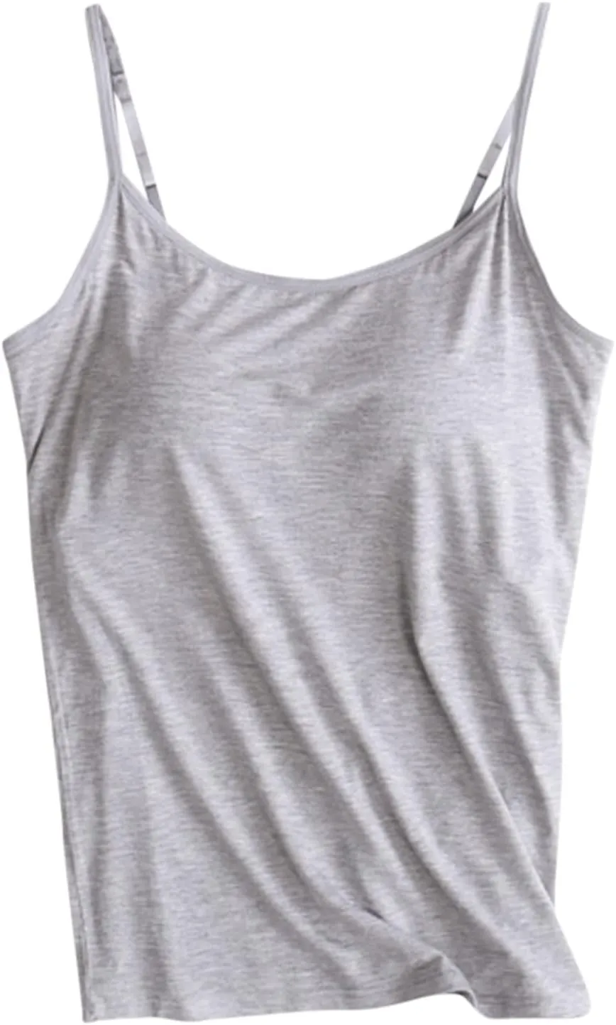 Cotton Tank Top with Built in Bra for Women Shelf Bra Camisole Tops Spaghetti Strap Cami Shirts Cotton Undershirts