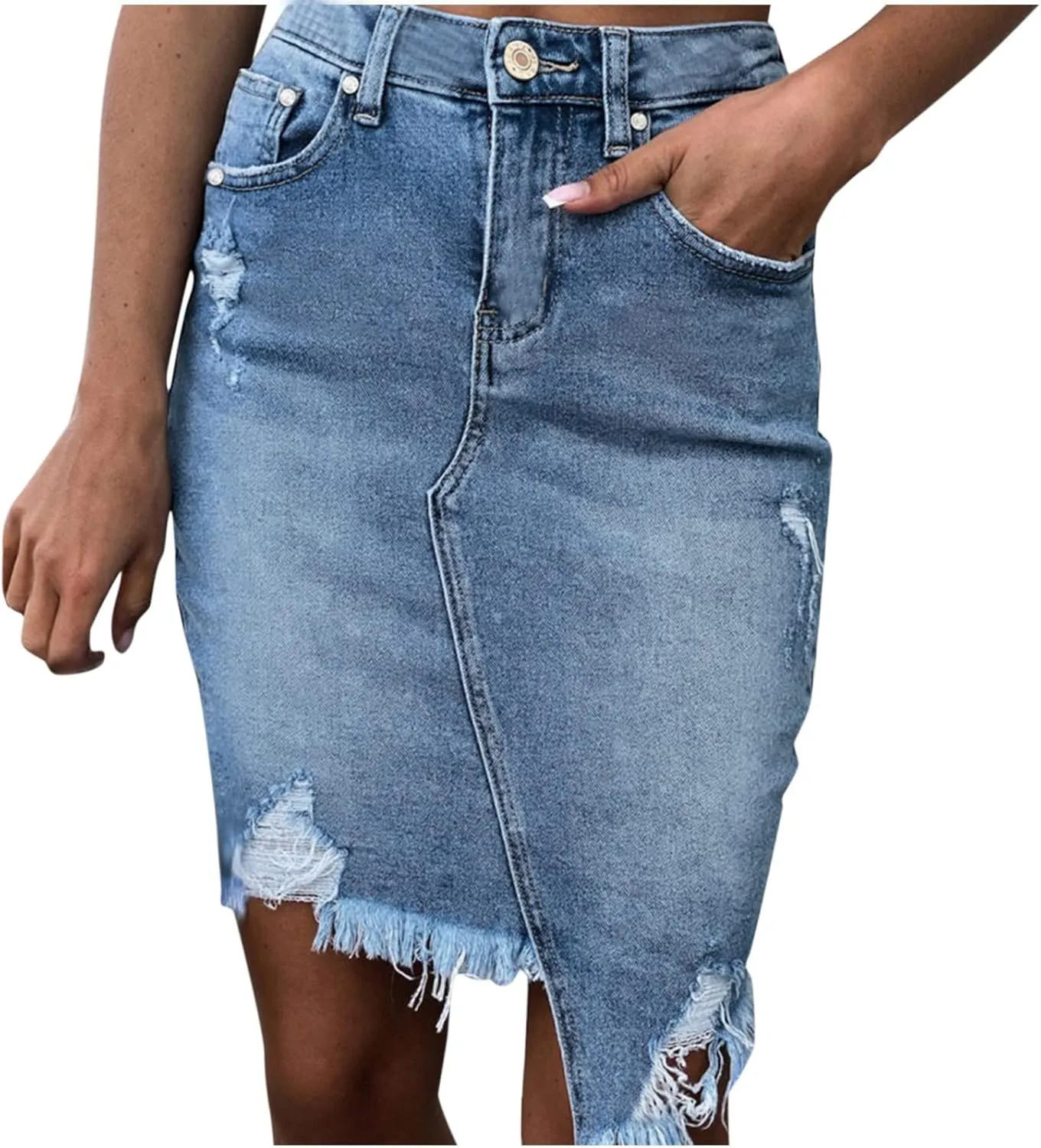 Denim Pencil Skirt Womens High Waisted Ripped Jeans Skirt Pocket Button Zipper Solid Slim Knee-Length Skirt,Blue,XL