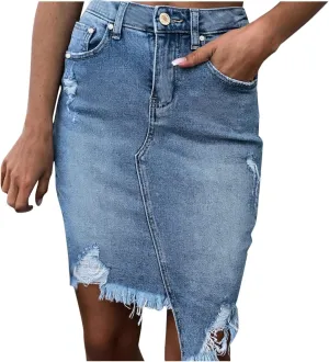 Denim Pencil Skirt Womens High Waisted Ripped Jeans Skirt Pocket Button Zipper Solid Slim Knee-Length Skirt,Blue,XL