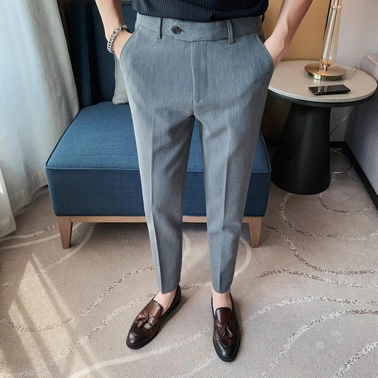 DGHM-JLMY Men's Summer Thin British Cropped Pants Slim Fit Ankle-Length Dress Pants Stretch Cropped Skinny Pants