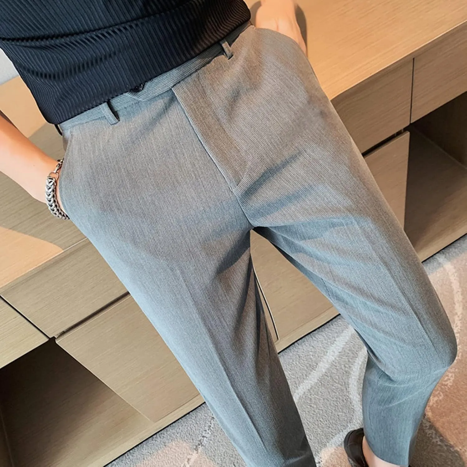 DGHM-JLMY Men's Summer Thin British Cropped Pants Slim Fit Ankle-Length Dress Pants Stretch Cropped Skinny Pants