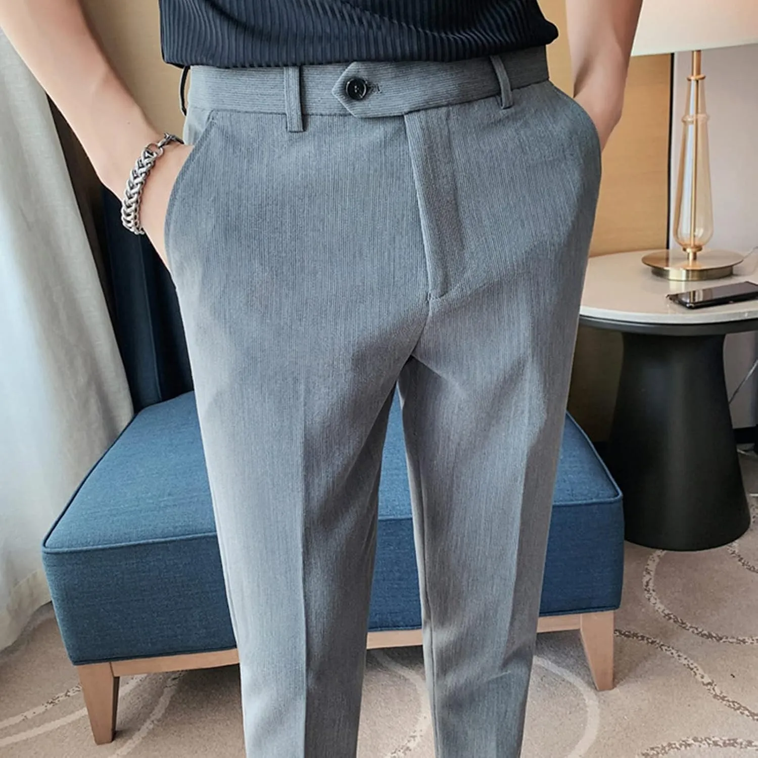 DGHM-JLMY Men's Summer Thin British Cropped Pants Slim Fit Ankle-Length Dress Pants Stretch Cropped Skinny Pants