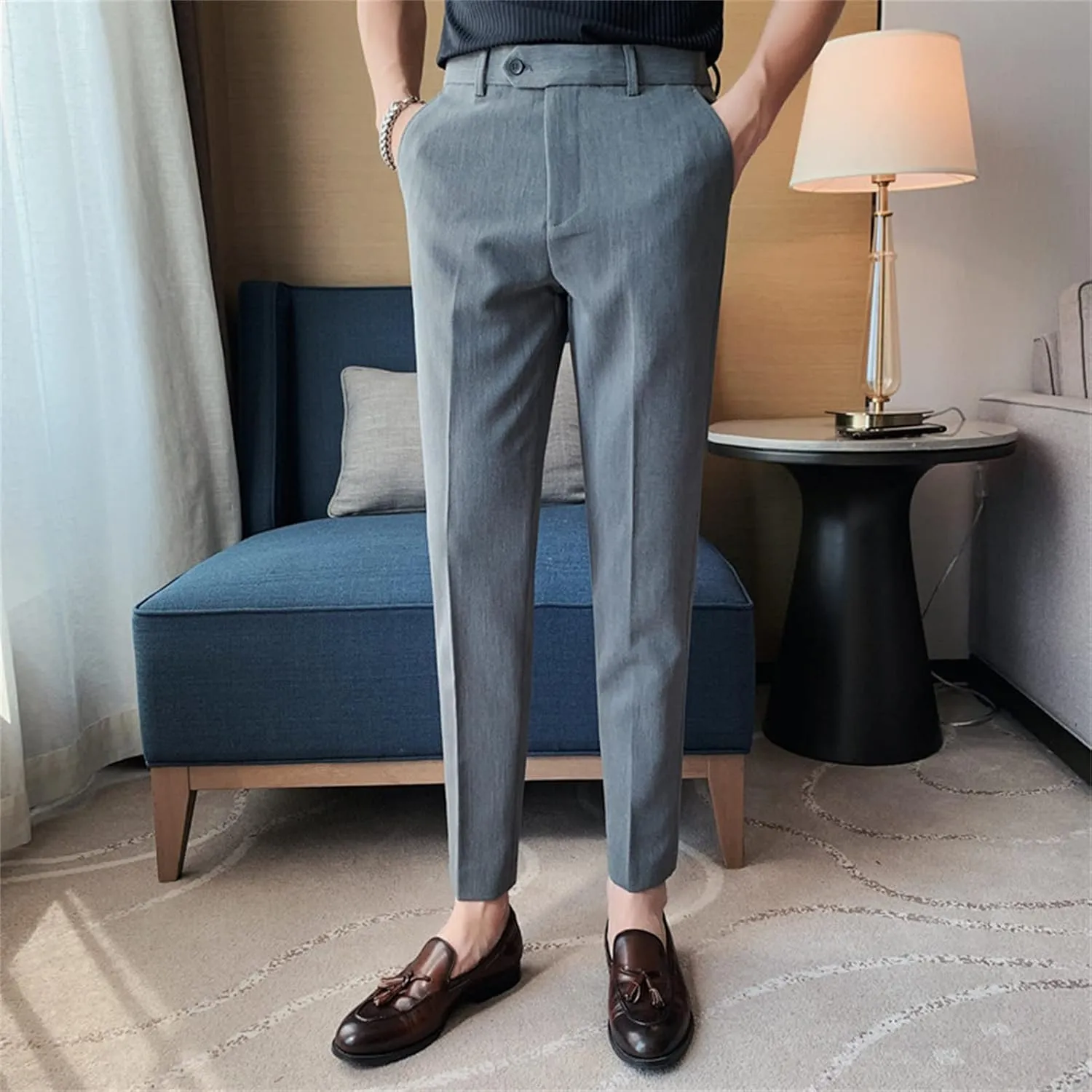 DGHM-JLMY Men's Summer Thin British Cropped Pants Slim Fit Ankle-Length Dress Pants Stretch Cropped Skinny Pants