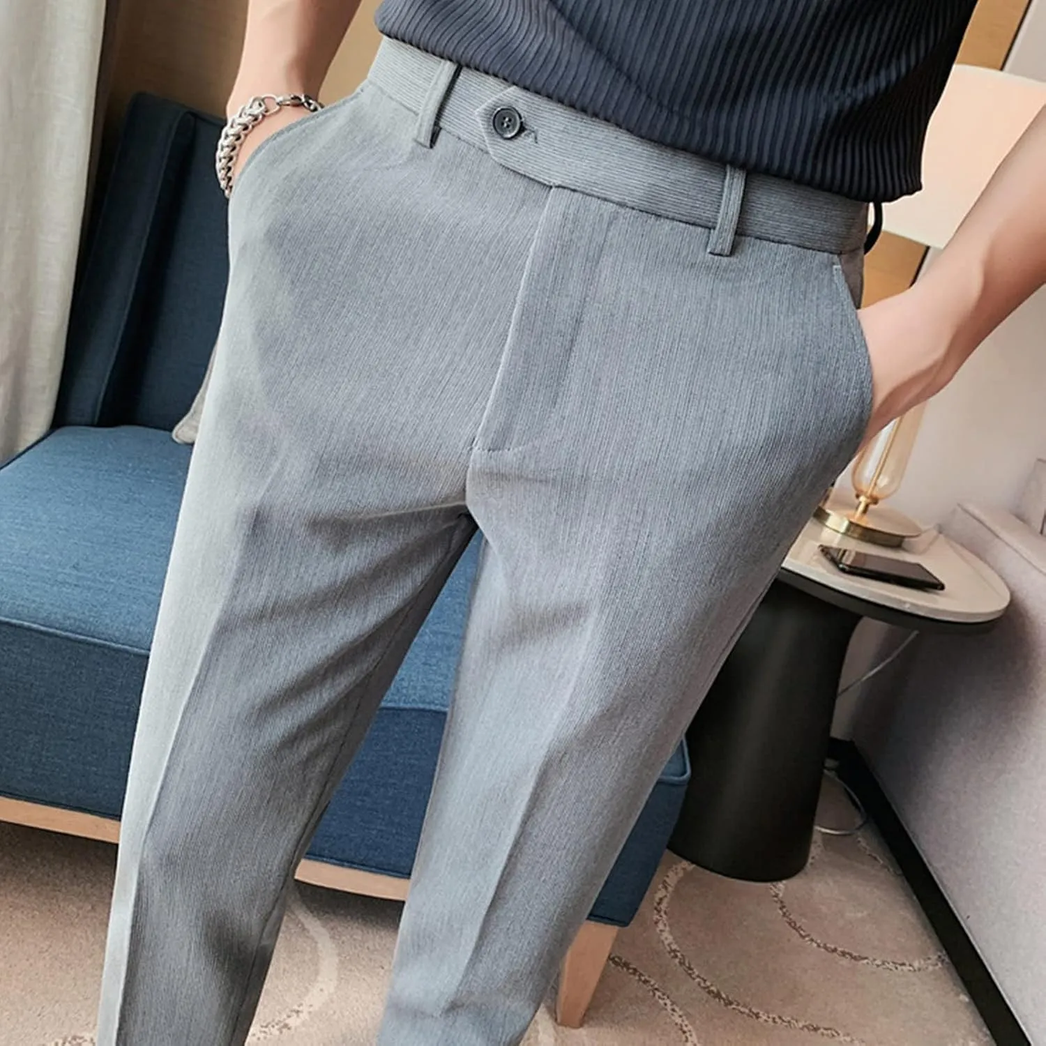 DGHM-JLMY Men's Summer Thin British Cropped Pants Slim Fit Ankle-Length Dress Pants Stretch Cropped Skinny Pants