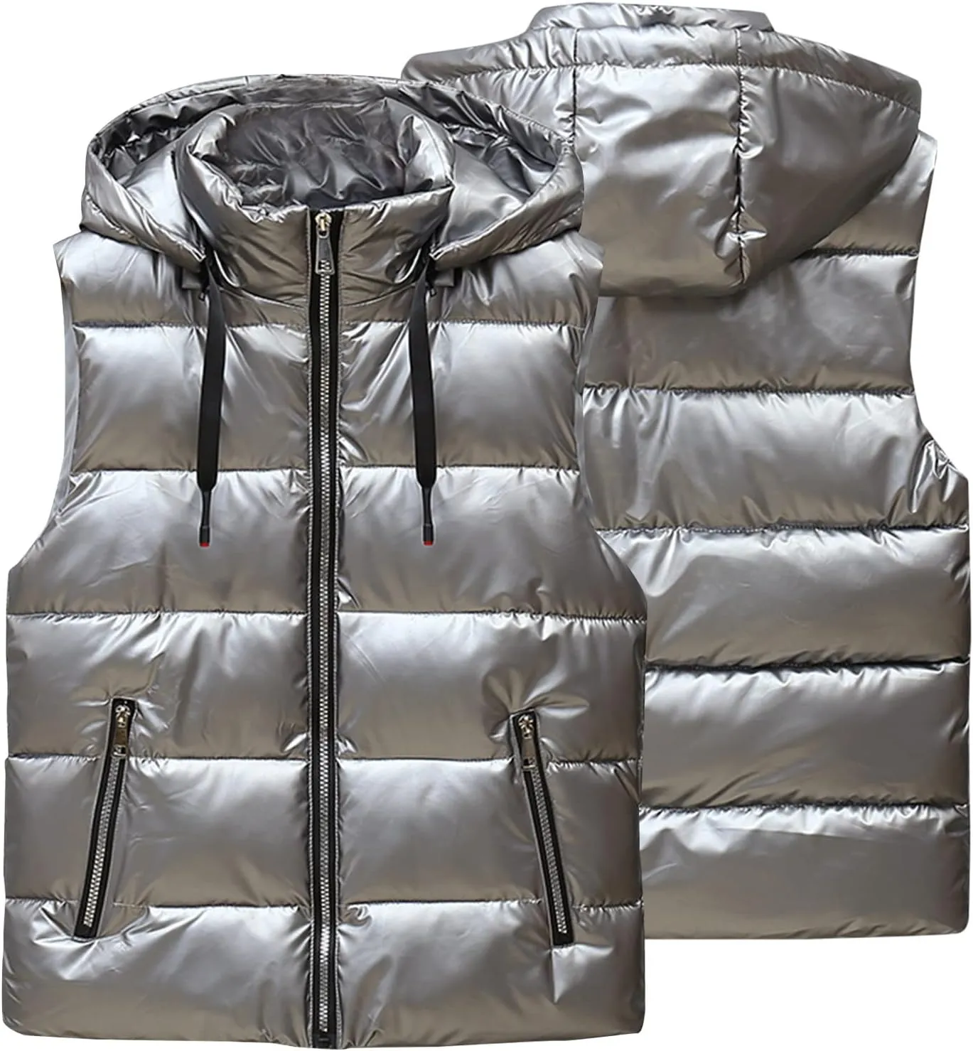 Dgoopd Puffer Vest Men Shiny Hooded Reflective Down Jacket Padded Jacket Vest Thick Quilted Puffer Coat Winter Warm Vest