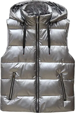 Dgoopd Puffer Vest Men Shiny Hooded Reflective Down Jacket Padded Jacket Vest Thick Quilted Puffer Coat Winter Warm Vest