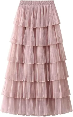 Elegant Fairy Skirt Polyester Womens Tulle Skirt Layered Mesh Long Skirt Fashion Elastic High Waist Pleated Cake Skirt