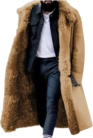 evzosrz Mens Sherpa Lined Long Jackets Faux Leather Shearling Fur Collar Jacket Trench Coats Sheepskin Fleece Winter Coat