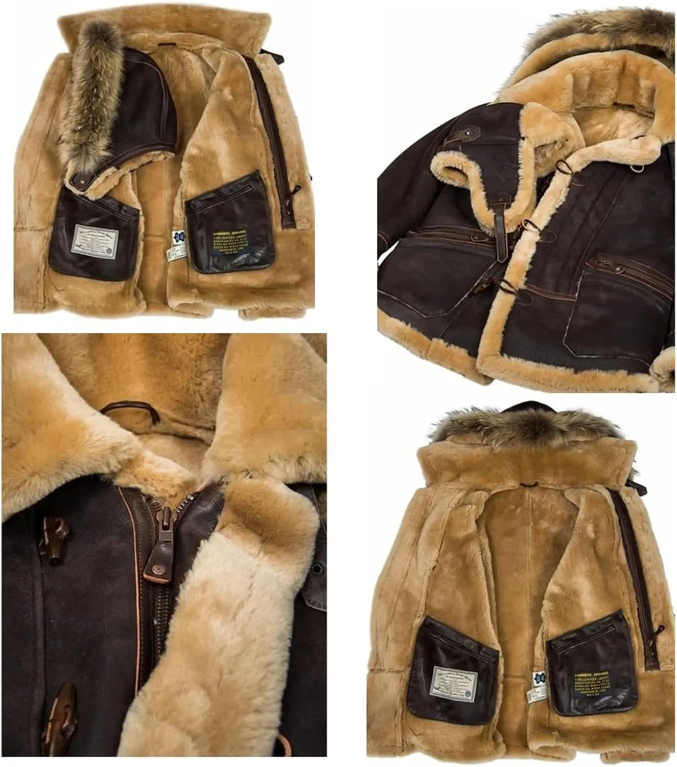 evzosrz Mens Winter Faux Leather Jackets Zip Lined Fleece Faux Fur Shearling Flight Jacket Winter Warm Overcoat Trench Coat