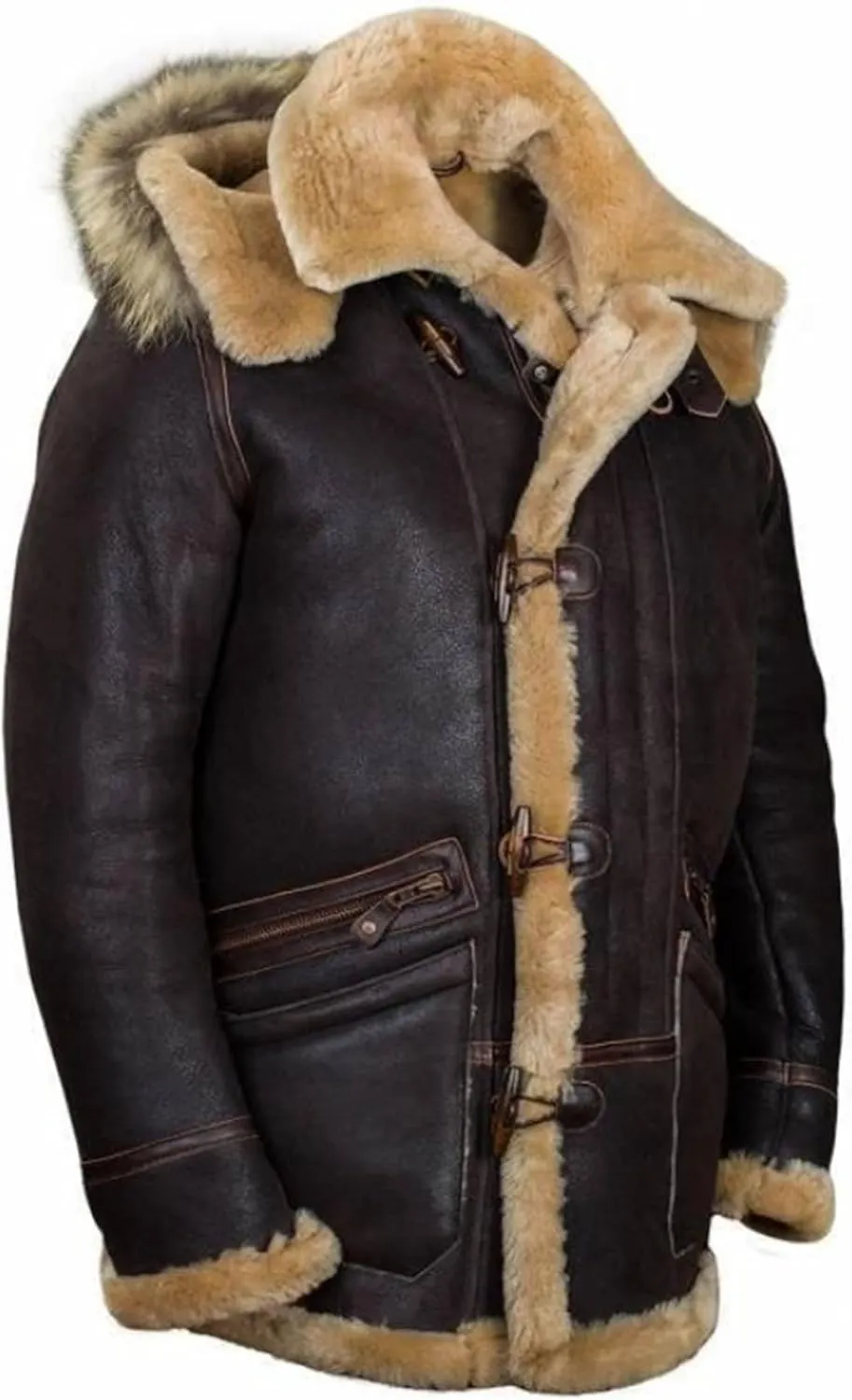 evzosrz Mens Winter Faux Leather Jackets Zip Lined Fleece Faux Fur Shearling Flight Jacket Winter Warm Overcoat Trench Coat