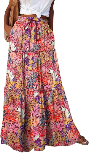 fanmpghleoo Maxi Skirt with Pocket for Women 2025 Boho Tiered Flowy Long Skirt Summer Casual Drawstring High Waisted Skirts