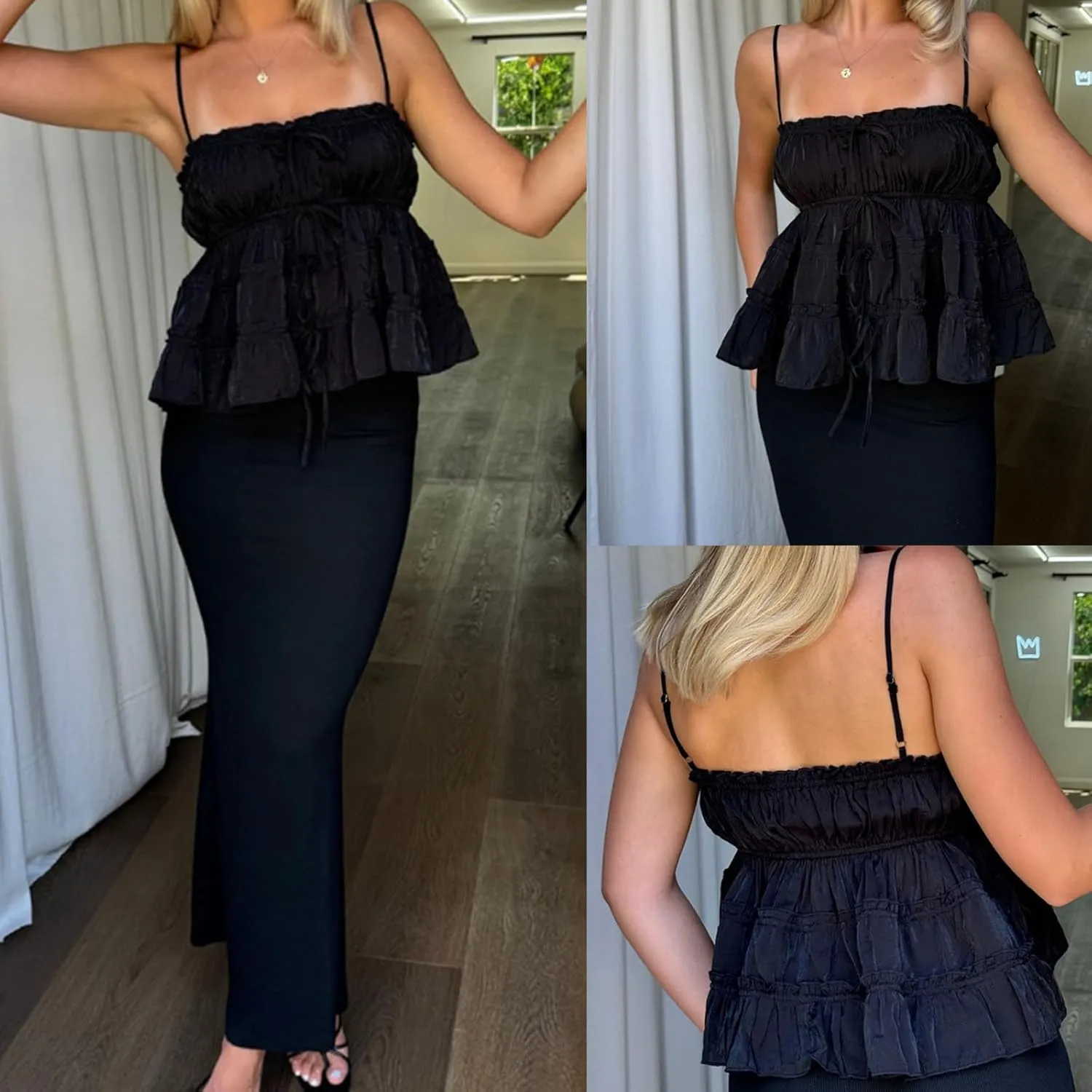 Faretumiya Women Ruffle Camisole Strap Square Neck Babydoll Cami Sleeveless Peplum Flowy Tank Top Y2k Going Out Cami Shirt