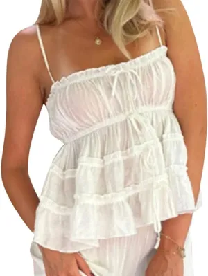 Faretumiya Women Ruffle Camisole Strap Square Neck Babydoll Cami Sleeveless Peplum Flowy Tank Top Y2k Going Out Cami Shirt