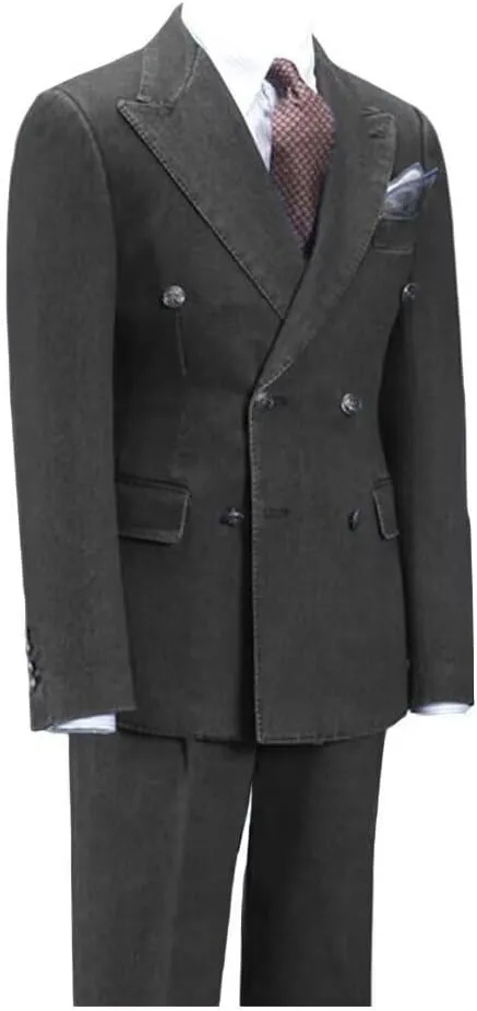 Fashion Denim Suits for Men Double Breasted Prom Tuxedos Peak Lapel 2 Pieces Blazer Pants for Evening Party