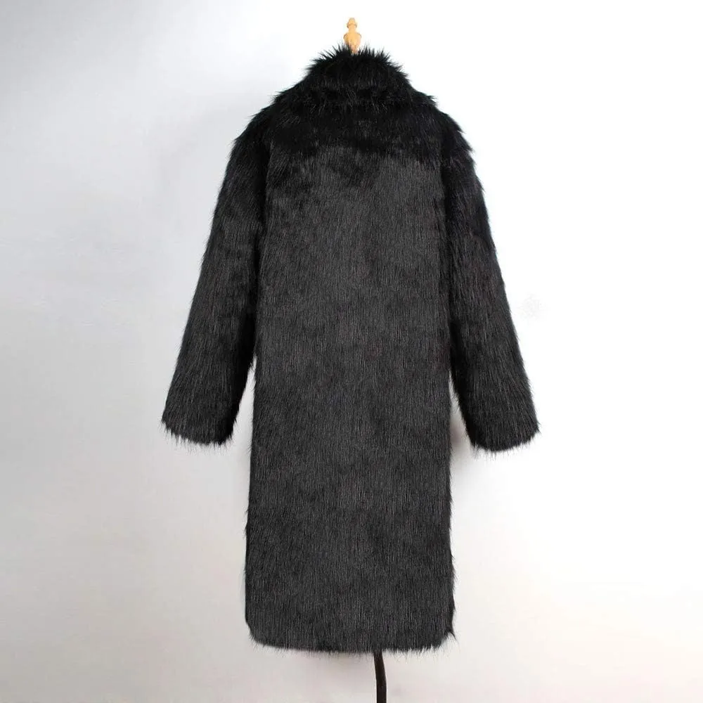 Faux Fur Coat Men Lapel Cardigan Outerwear Heavyweight Parka Overcoat Thicker Fluffy Warm Winter Long Trench Coat