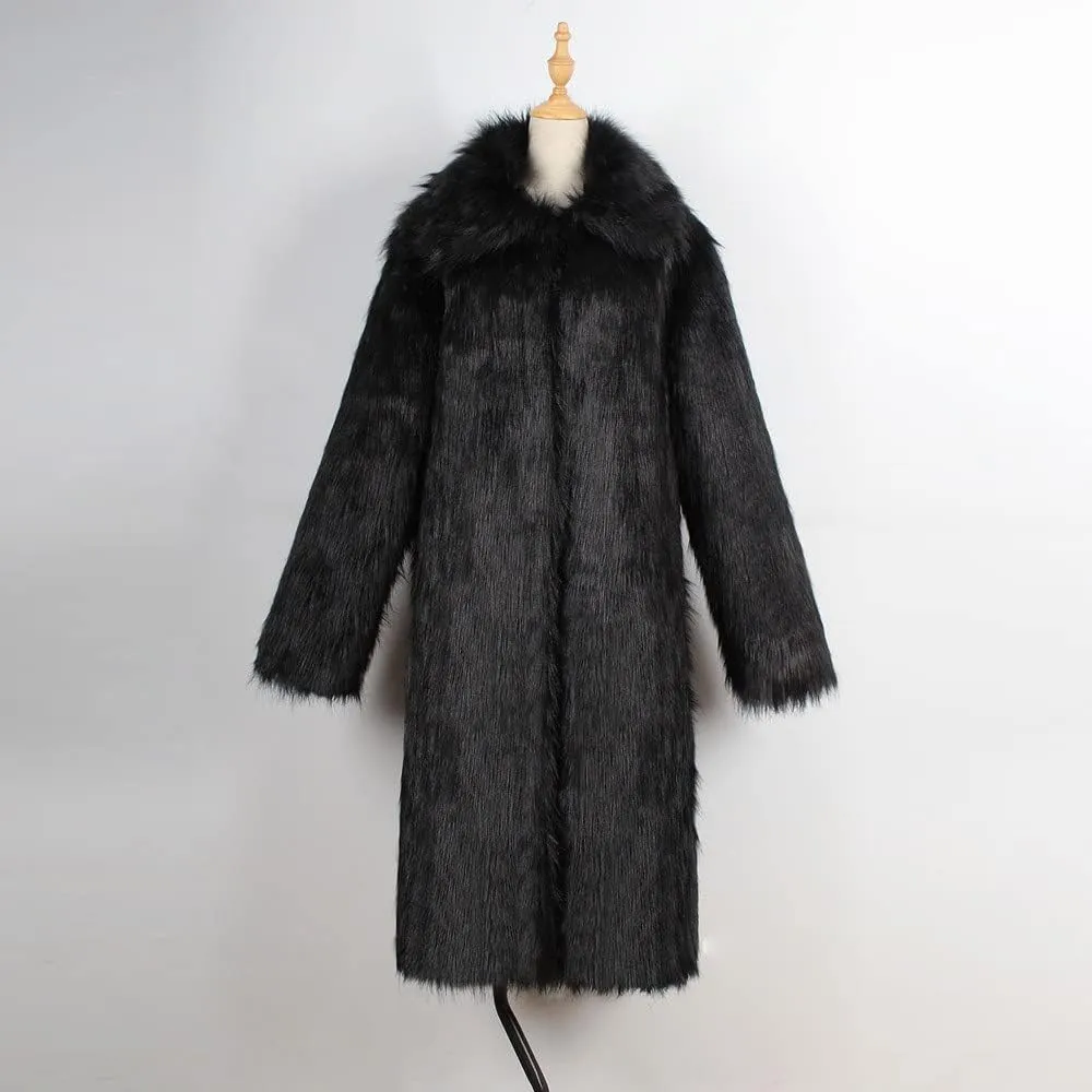 Faux Fur Coat Men Lapel Cardigan Outerwear Heavyweight Parka Overcoat Thicker Fluffy Warm Winter Long Trench Coat
