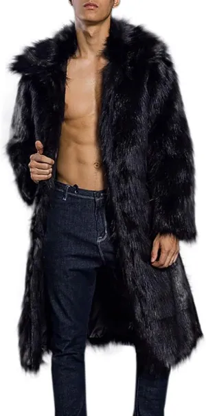 Faux Fur Coat Men Lapel Cardigan Outerwear Heavyweight Parka Overcoat Thicker Fluffy Warm Winter Long Trench Coat
