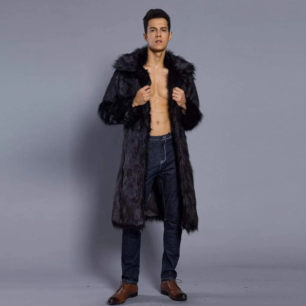 Faux Fur Coat Men Lapel Cardigan Outerwear Heavyweight Parka Overcoat Thicker Fluffy Warm Winter Long Trench Coat