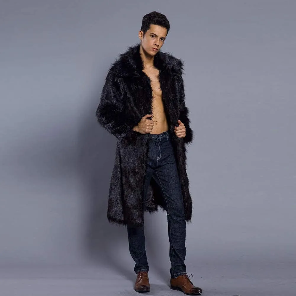 Faux Fur Coat Men Lapel Cardigan Outerwear Heavyweight Parka Overcoat Thicker Fluffy Warm Winter Long Trench Coat