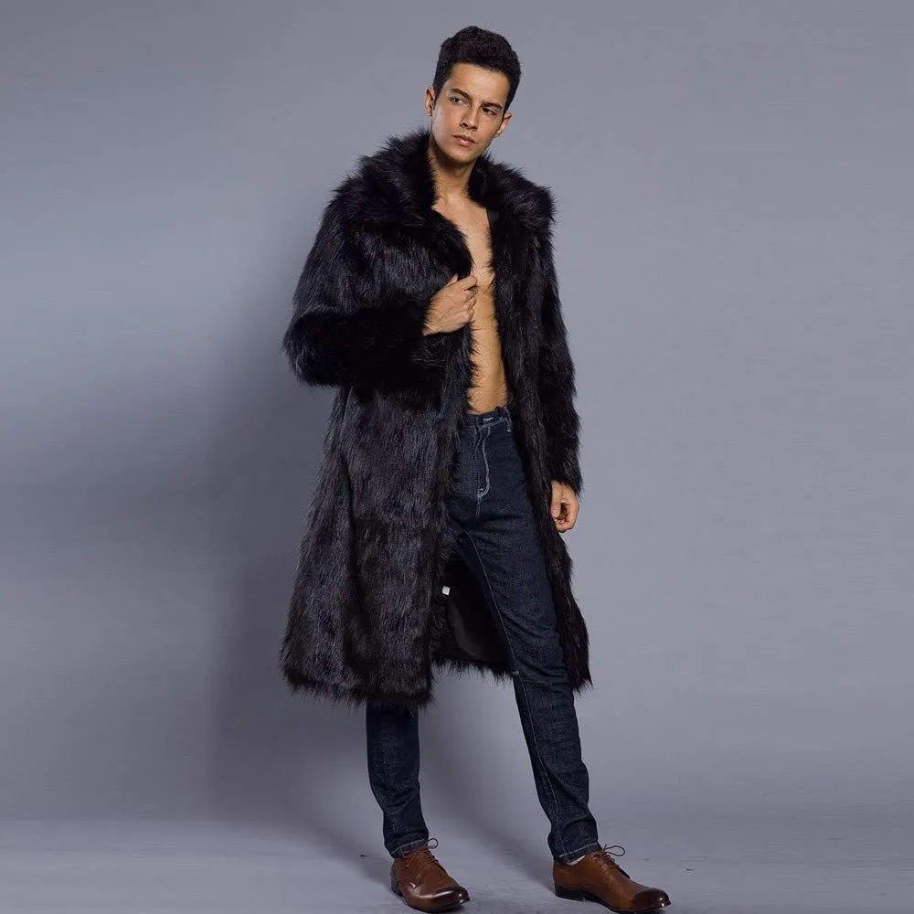 Faux Fur Coat Men Lapel Cardigan Outerwear Heavyweight Parka Overcoat Thicker Fluffy Warm Winter Long Trench Coat