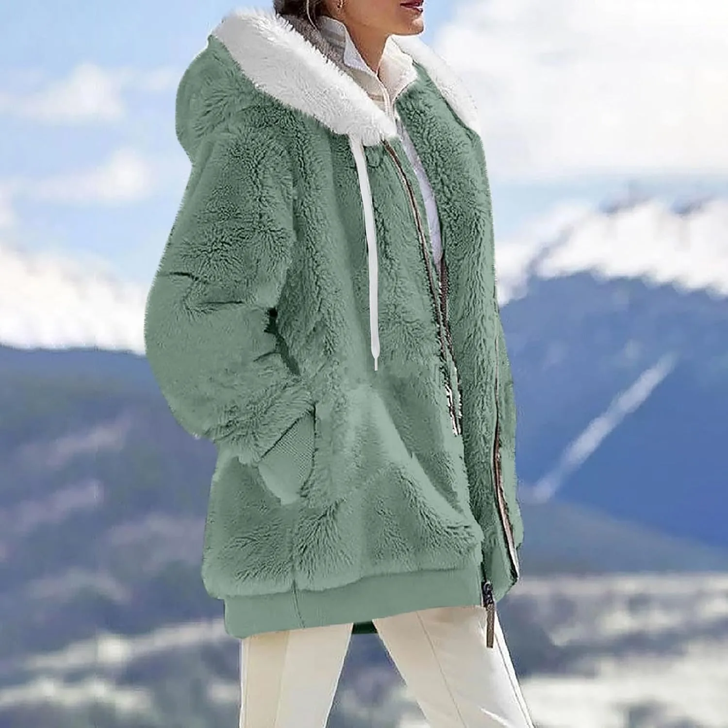 Fleece Jacket Women Sherpa Jacket Zip Up Hooded Oversized Coats Warm Winter Coats for Women 2024 with Pockets