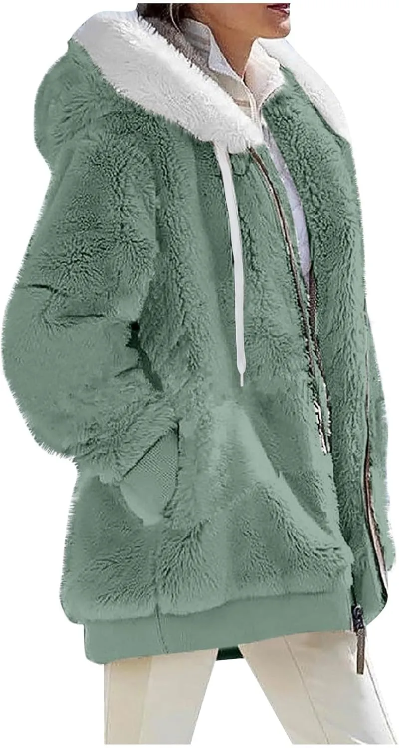 Fleece Jacket Women Sherpa Jacket Zip Up Hooded Oversized Coats Warm Winter Coats for Women 2024 with Pockets