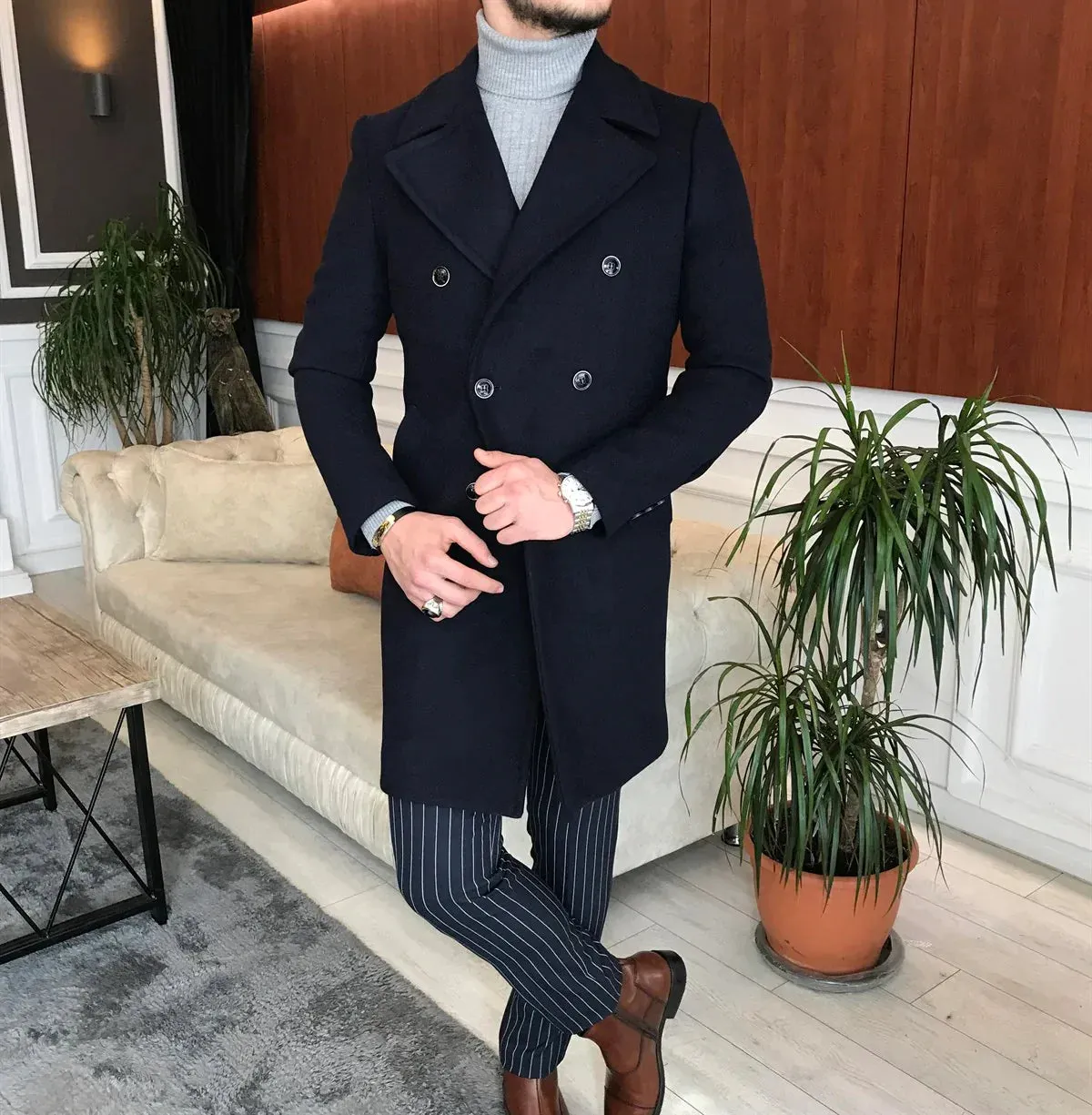 Frost Slim Fit Dark Blue Double Breasted Wool Over Coat by ITALIAN VEGA®
