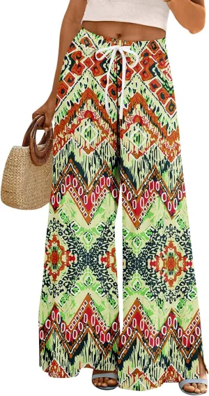 GOFULY Wide Leg Pants Women High Waisted Fall Floral Print Beach Pants Drawstring Elastic Waist Side Slit Pockets Trousers