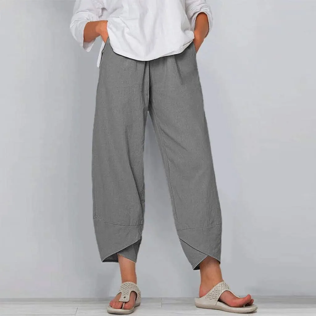 Guteidee Cotton Linen Casual Summer Capri Pants Printed Cropped Comfy Baggy Trousers with Pockets Palazzo Lounge Pants
