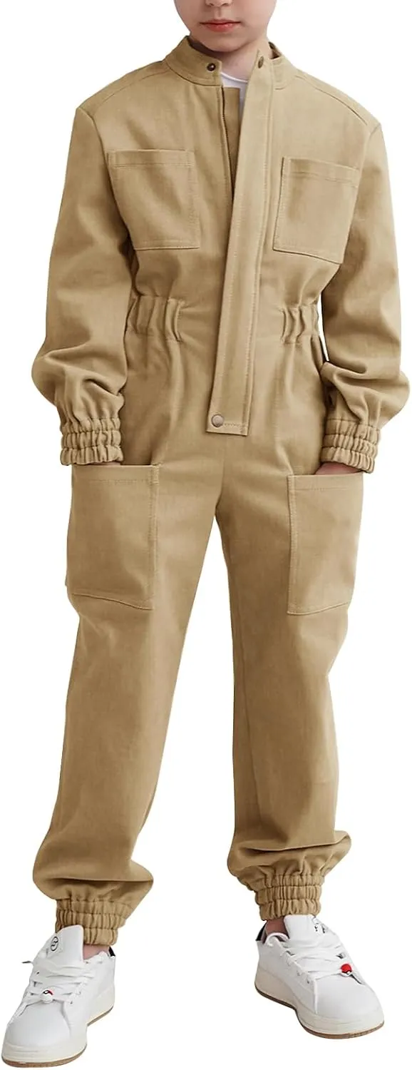Haloumoning Kids Coveralls Boys Long Sleeve Jumpsuit Zip Up Flight Suit with Pockets 5-14 Years