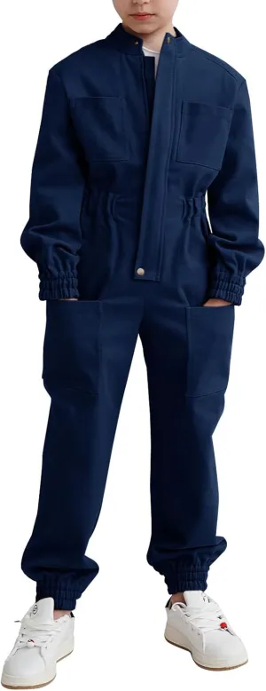 Haloumoning Kids Coveralls Boys Long Sleeve Jumpsuit Zip Up Flight Suit with Pockets 5-14 Years