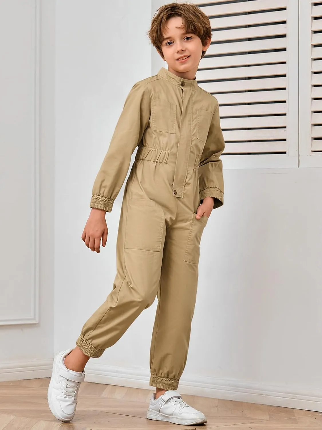 Haloumoning Kids Coveralls Boys Long Sleeve Jumpsuit Zip Up Flight Suit with Pockets 5-14 Years